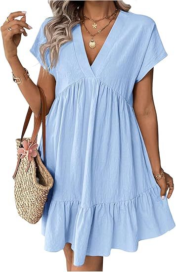 Women's Summer V-Neck Short Sleeve Ruffle Hem Babydoll Dress
