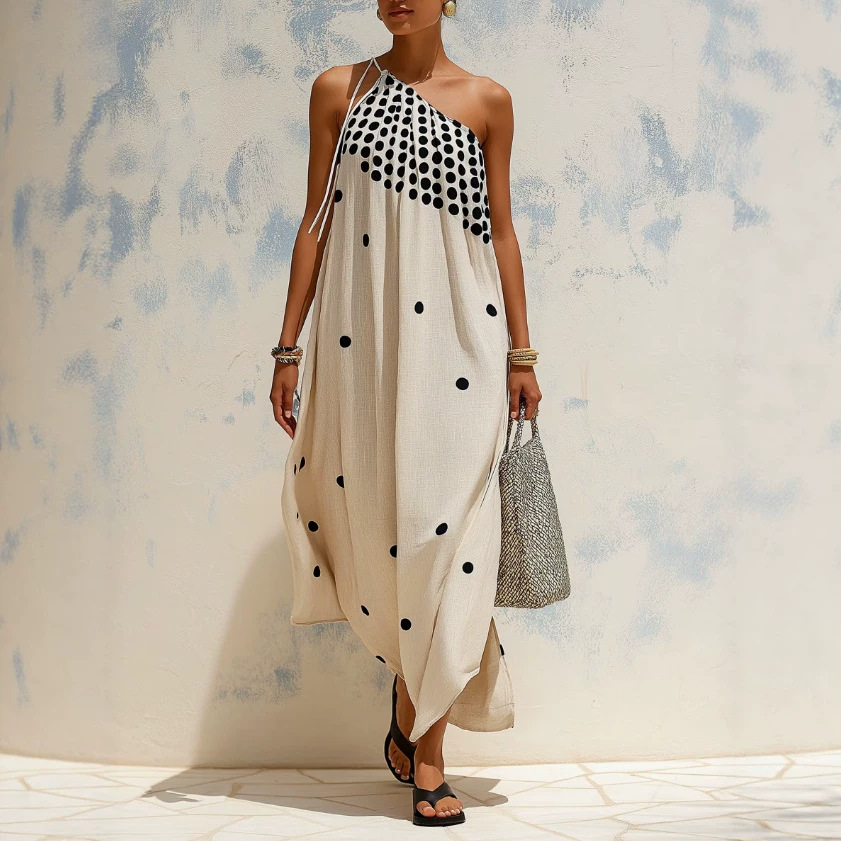 Women's Polka Dot One-Shoulder Tie Long Dress