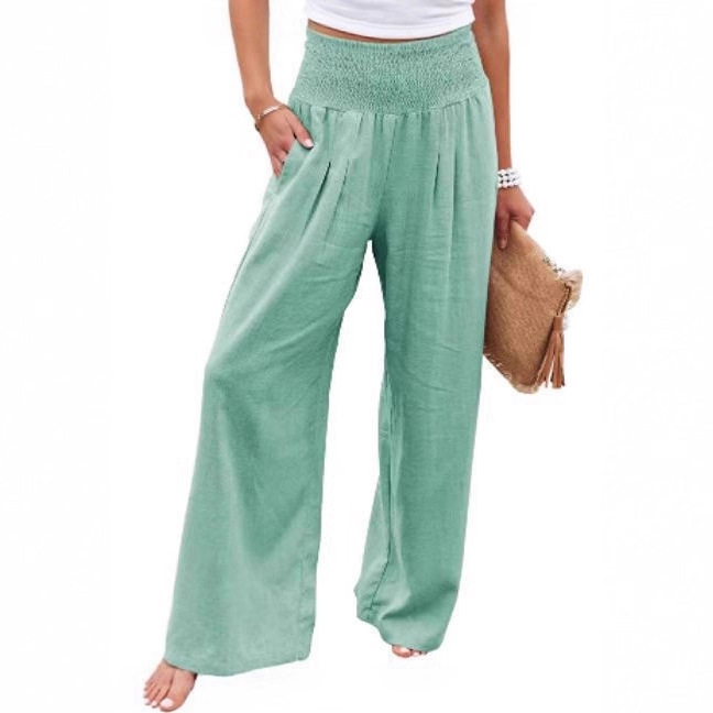 Cotton-Linen Wide-Leg Pants with Elastic High Waist