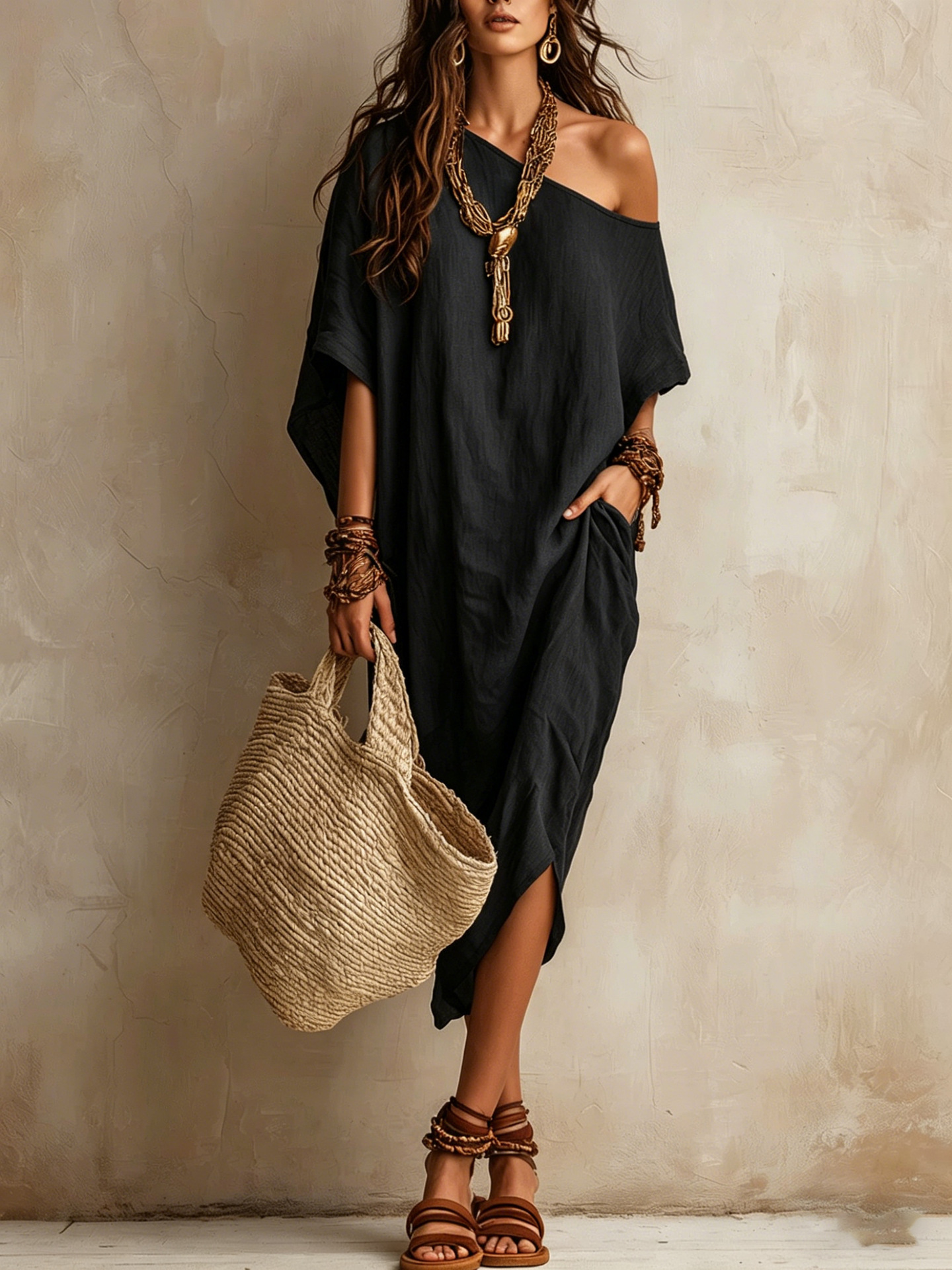 Women's One-Shoulder Cotton-Linen Blend Midi Dress with Batwing Sleeves and Slit