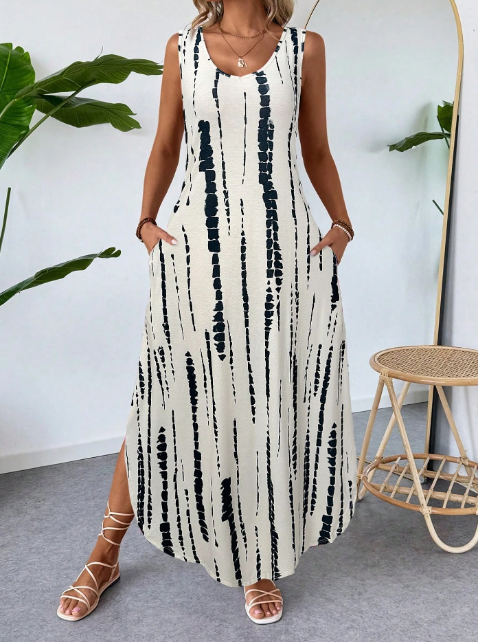 Floral Sleeveless Tank Dress Slimming Split Midi