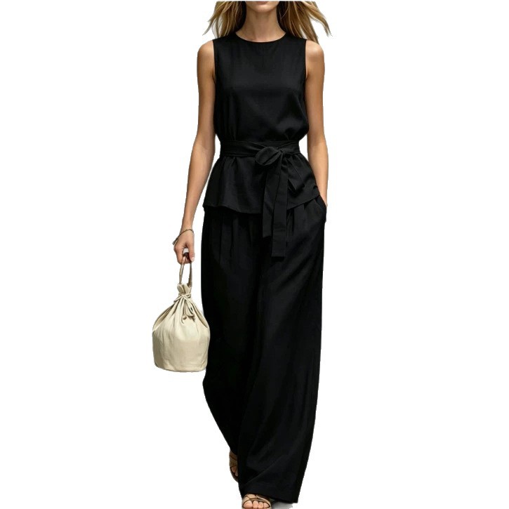 Women's Sleeveless Cotton-Linen Two-Piece Set with Belt