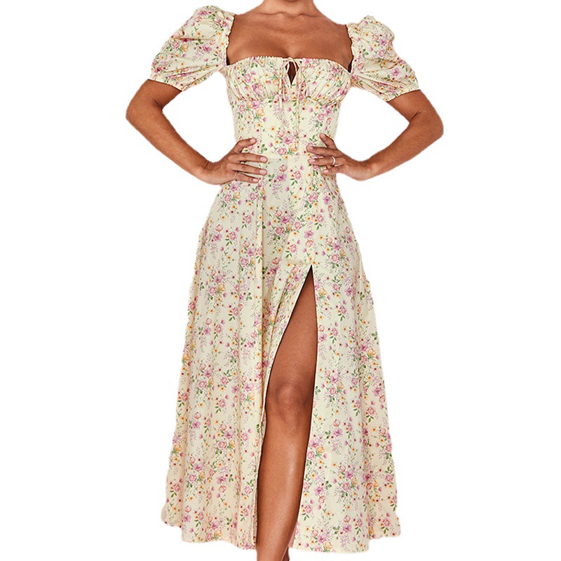 Floral French Style Open Back Slim Fit Cami Dress with Slit