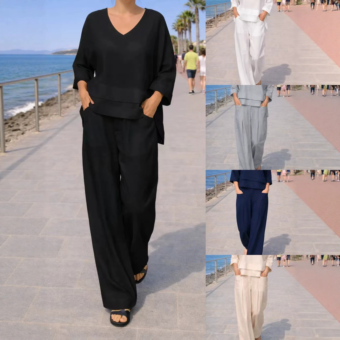 Solid Color Crewneck Long Sleeve Top and Straight Leg Pocket Pants Two-Piece Set