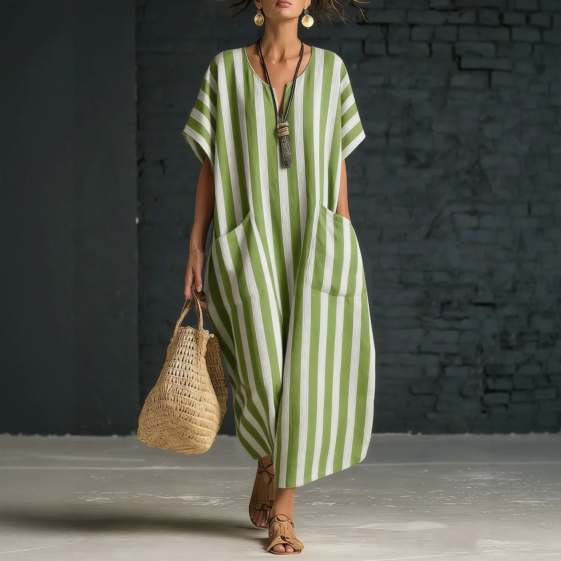 Women's Loose V-Neck Striped Print Dress with Pockets
