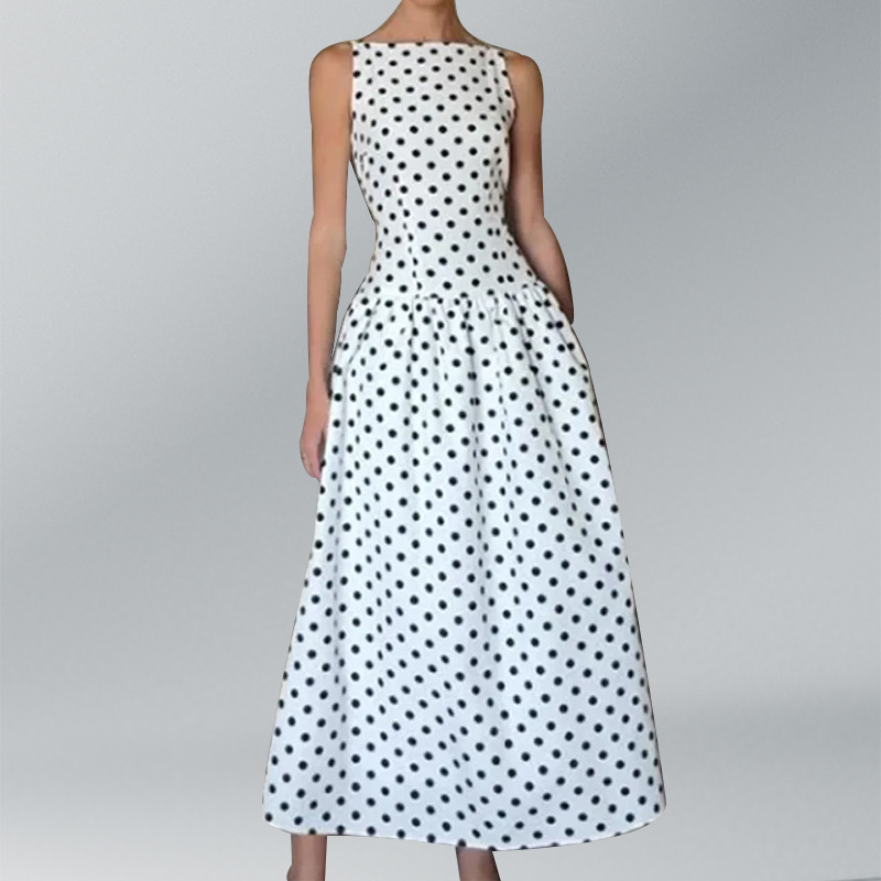 Polka Dot High-Waist Ruched Sleeveless Long Dress