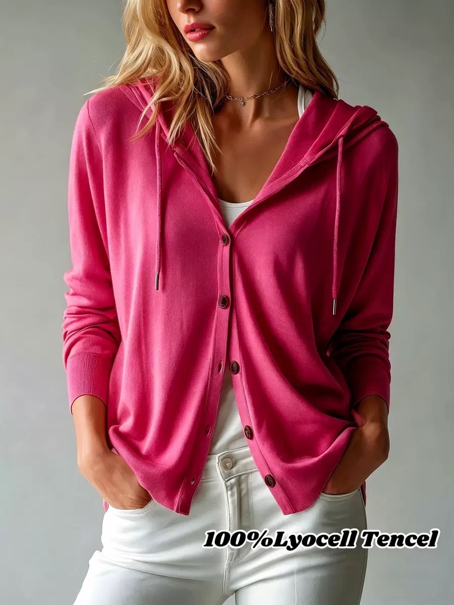 Women's Hooded Knit Cardigan Sweater Solid Color Long Sleeve Loose Fit