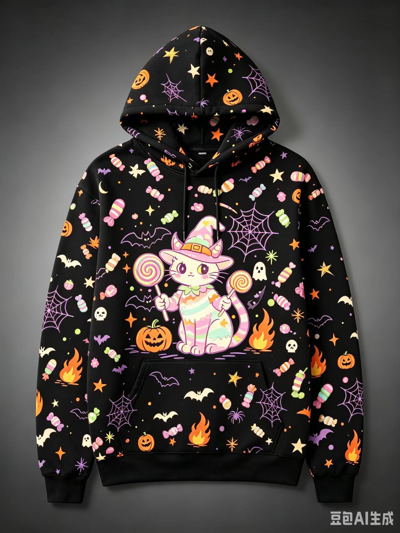 Women's Halloween Print Hoodie Cat Ghost Pullover