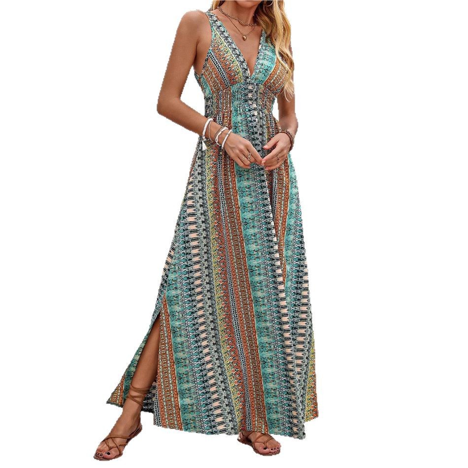 Women's Deep V-Neck Floral Print Sleeveless High-Waist Maxi Dress