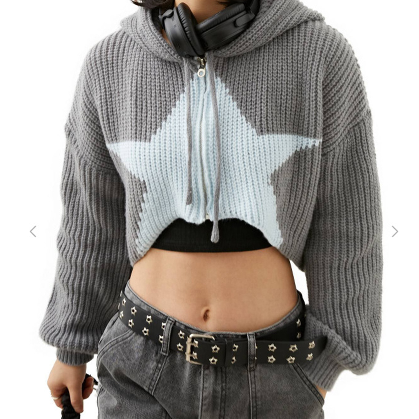 Women's Star Print Hooded Drawstring Cardigan Long Sleeve Top