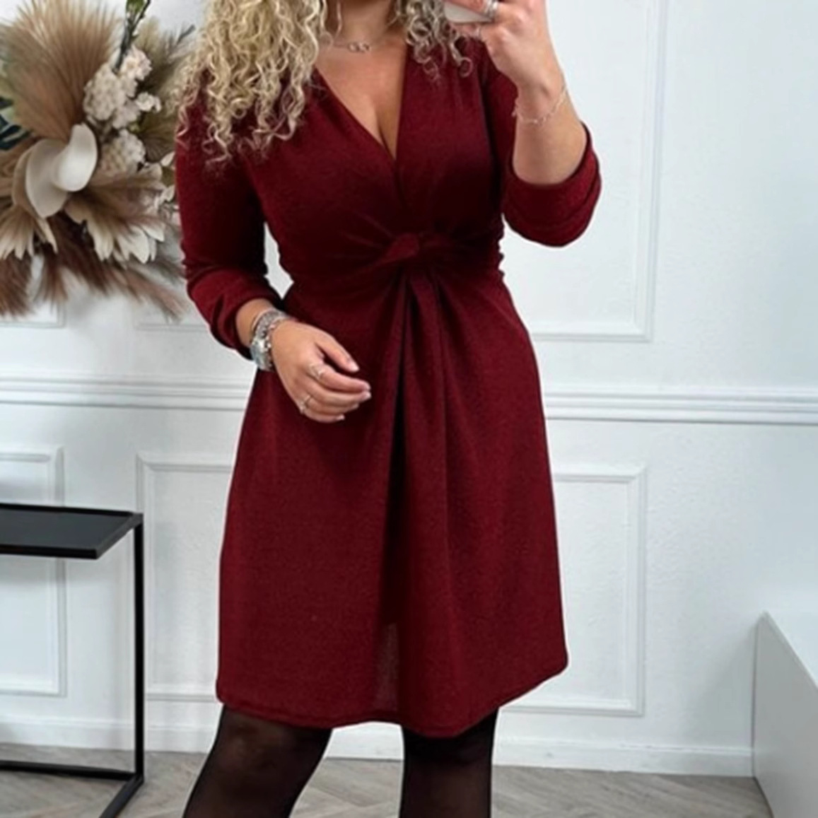 V-Neck Long Sleeve Tie-Waist Midi Dress