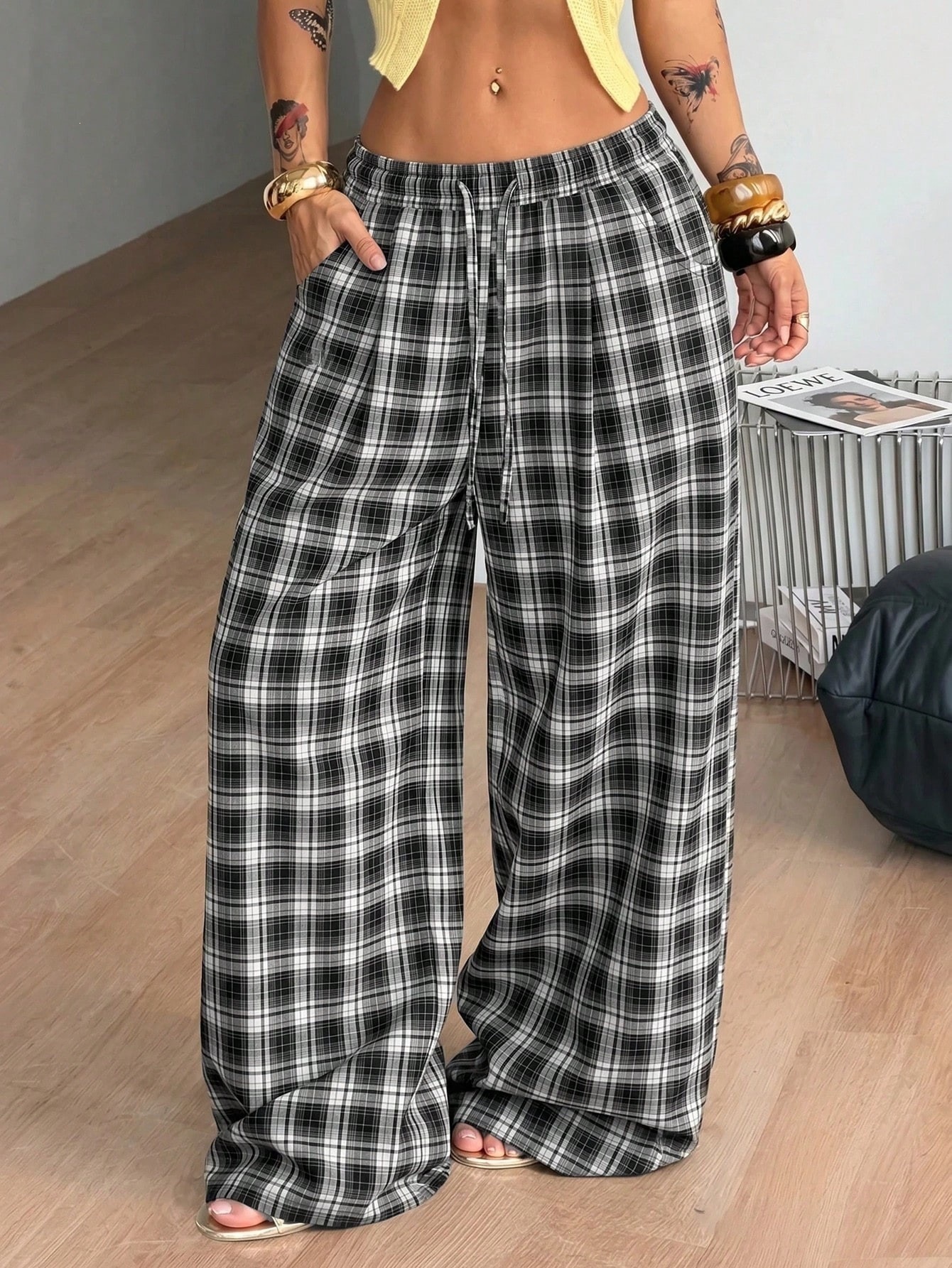 Y2K Retro Plaid Drawstring High-Waist Wide-Leg Pants with Pockets