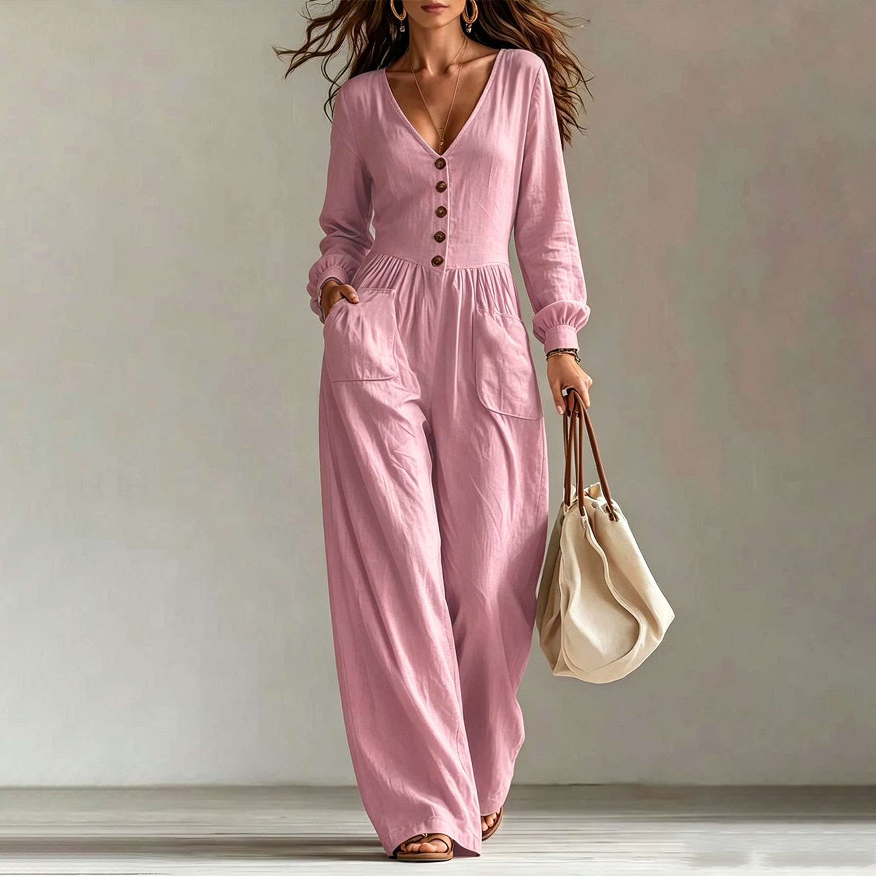 Women's Casual V-Neck Long Sleeve Jumpsuit with Pockets