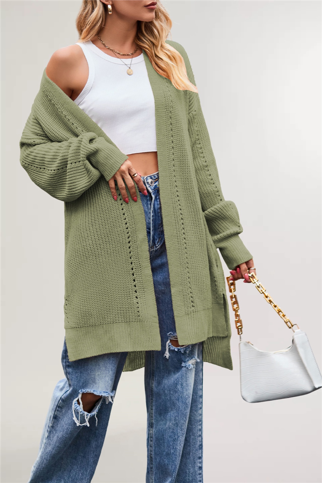 Women's Solid Color Loose Knit Cardigan with Pockets