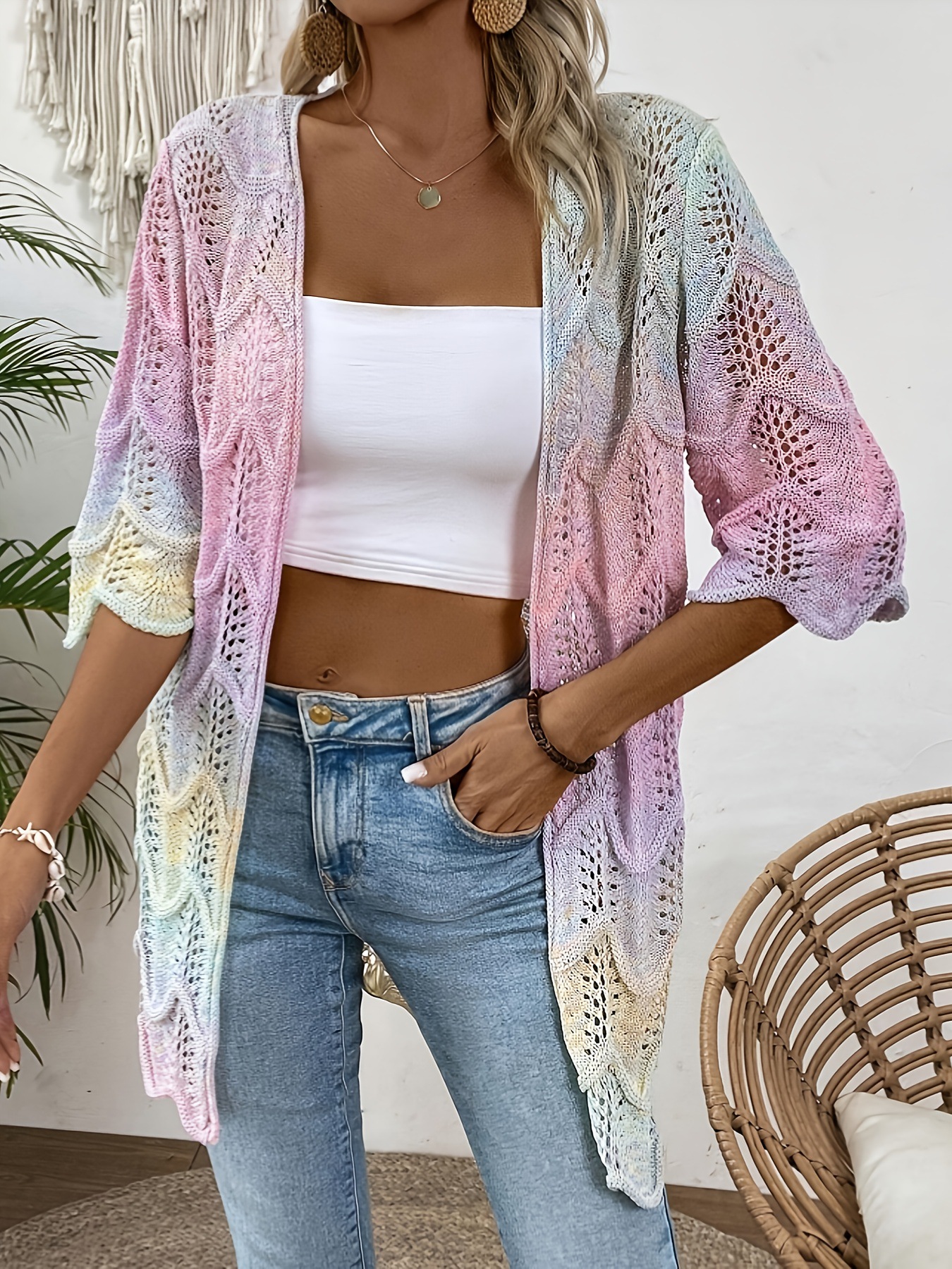 Gradient Open-Knit Pullover Sweater Lightweight Hollow-Out Loose Long-Sleeve Top for Women