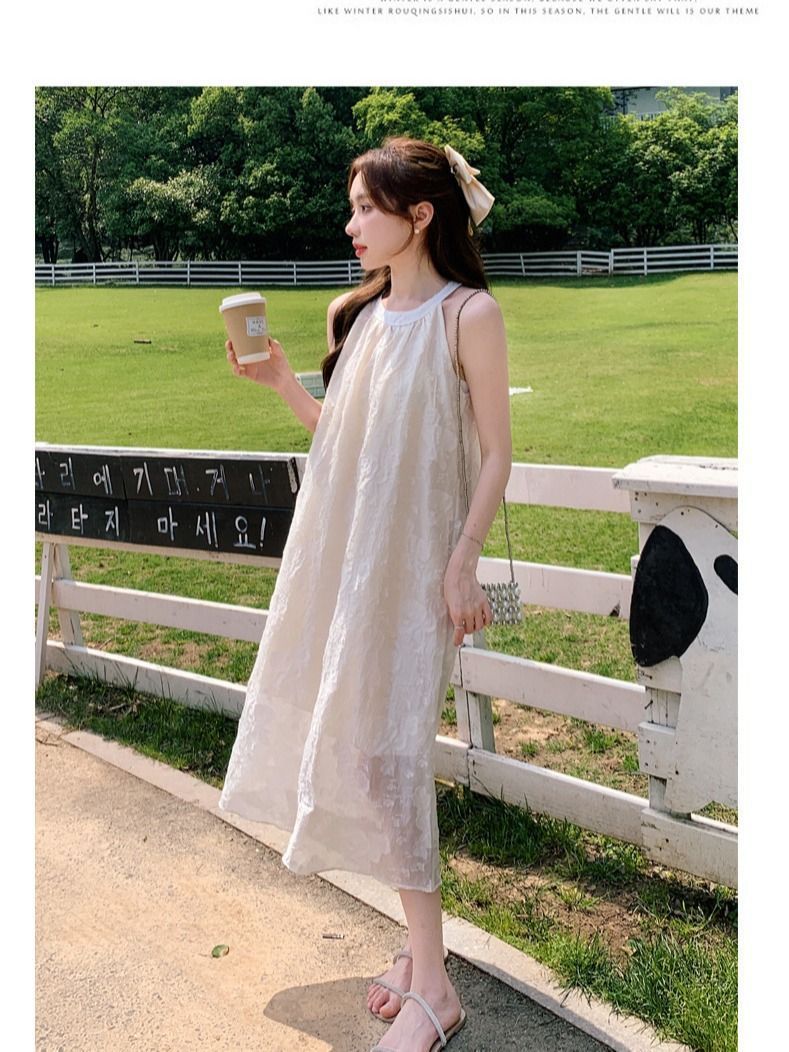 Women's Sleeveless Square Neck A-Line Midi Dress Solid Color Slimming French Style