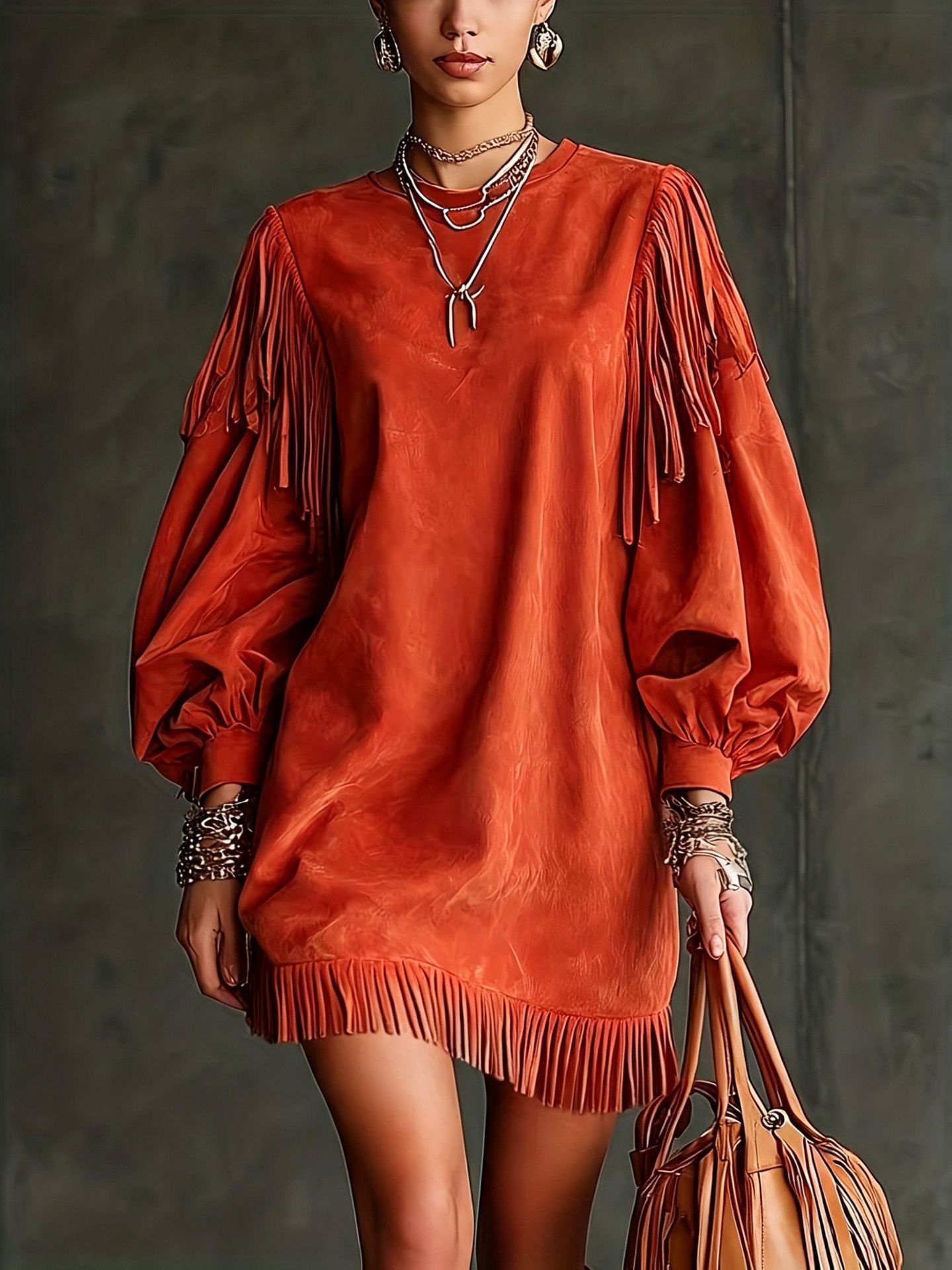 Women's Tassel Lantern Sleeve Short Dress - Loose Fit, Round Neck, Polyester Blend