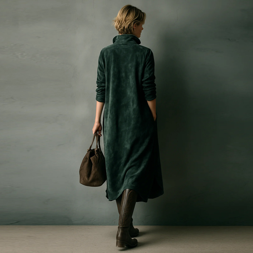 Women's Faux Suede Long Sleeve Midi Shirt Dress Solid Loose Fit