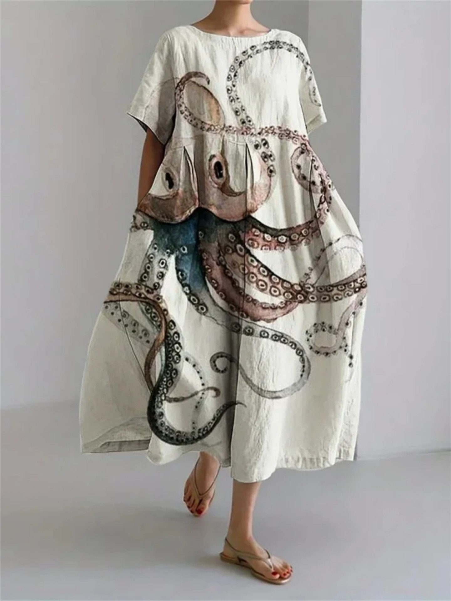Women's Animal Print Casual A-Line Dress with U-Neck and Short Sleeves