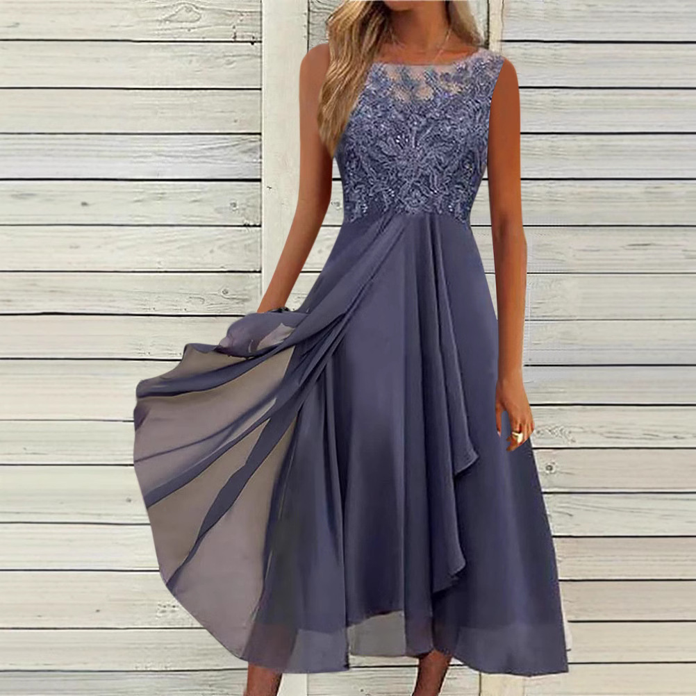 Sweet Lace Hollow Sleeveless Midi Chiffon Dress Bridesmaid