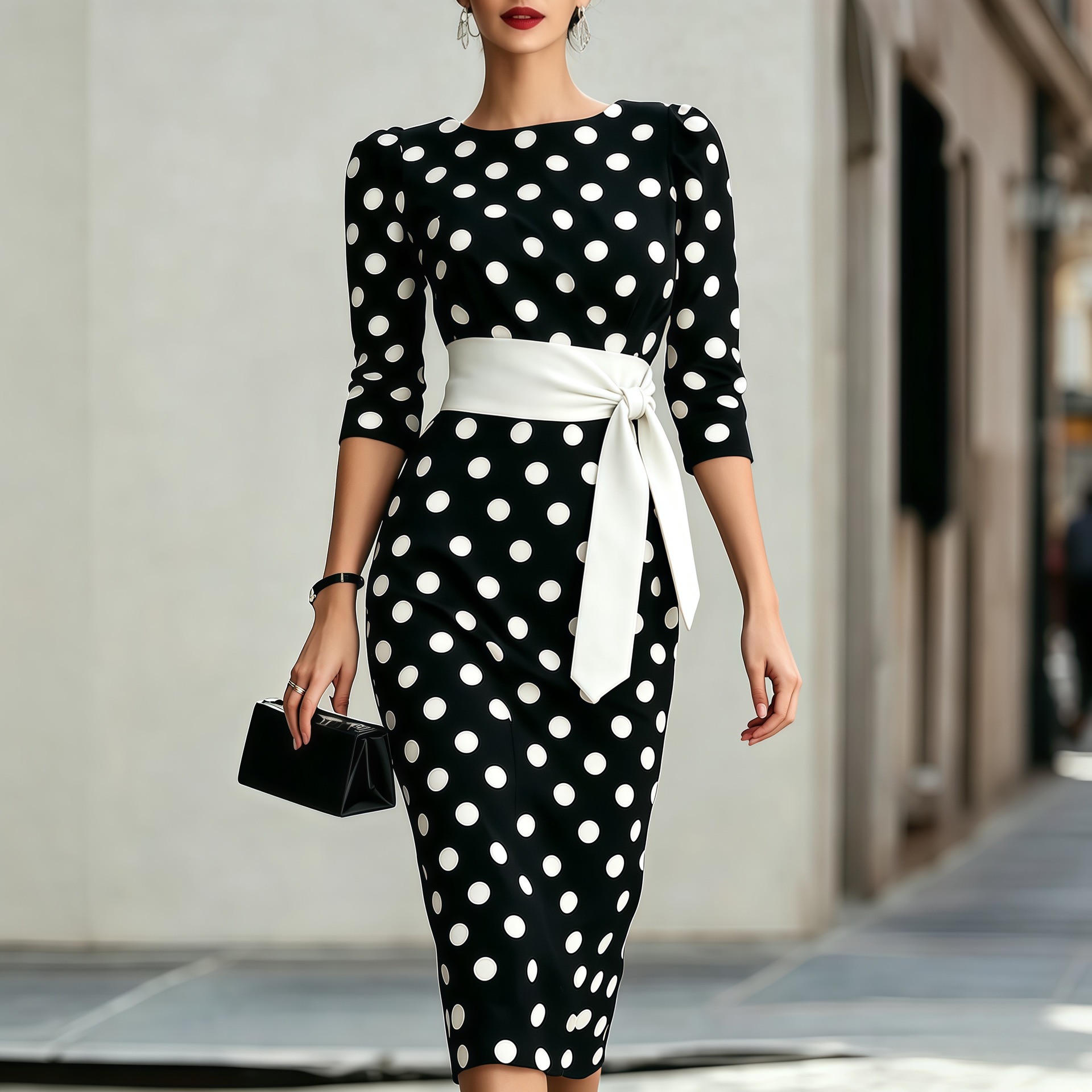 Elegant Polka Dot A-Line Midi Dress with Three-Quarter Sleeves