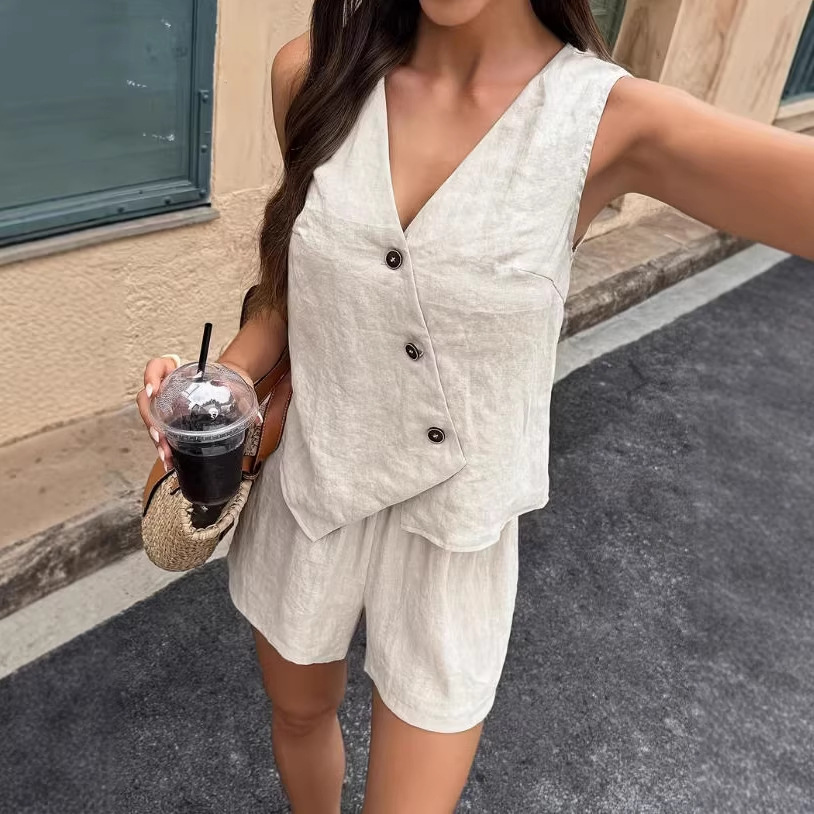V-Neck Asymmetrical Tank Top and Shorts Two-Piece Set
