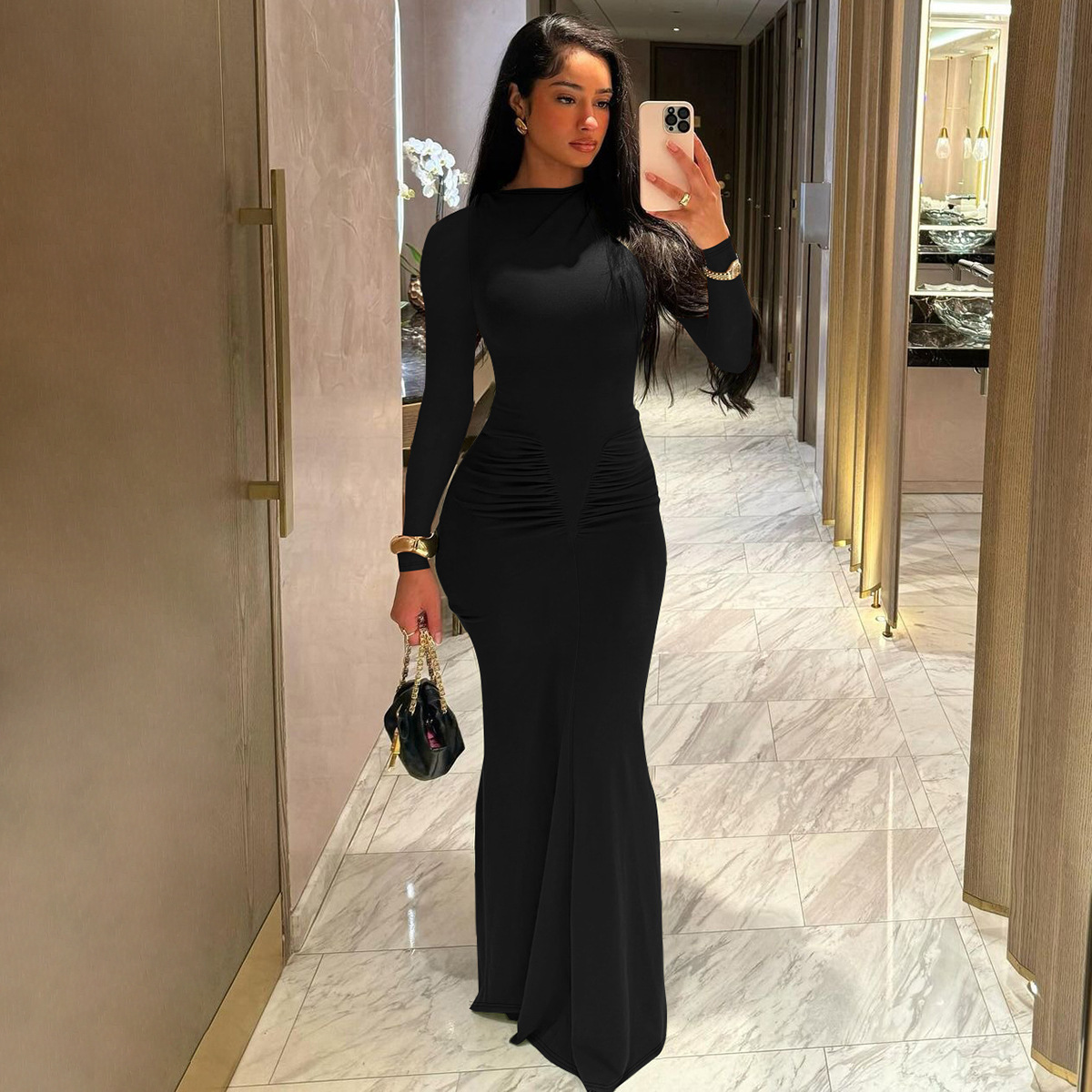 Pleated Round Neck Slim Fit Long Sleeve Dress
