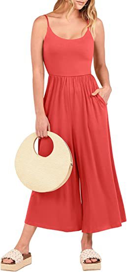 Women's Summer Sleeveless Solid Wide-Leg Jumpsuit with Pockets and Pleats
