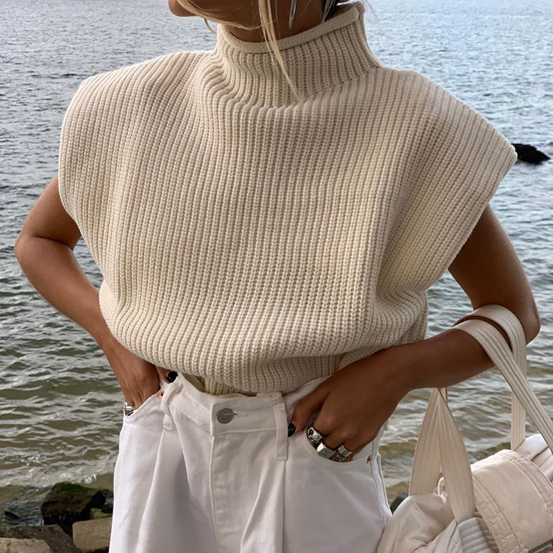 Women's High Neck Short Sleeve Knit Top Solid Color