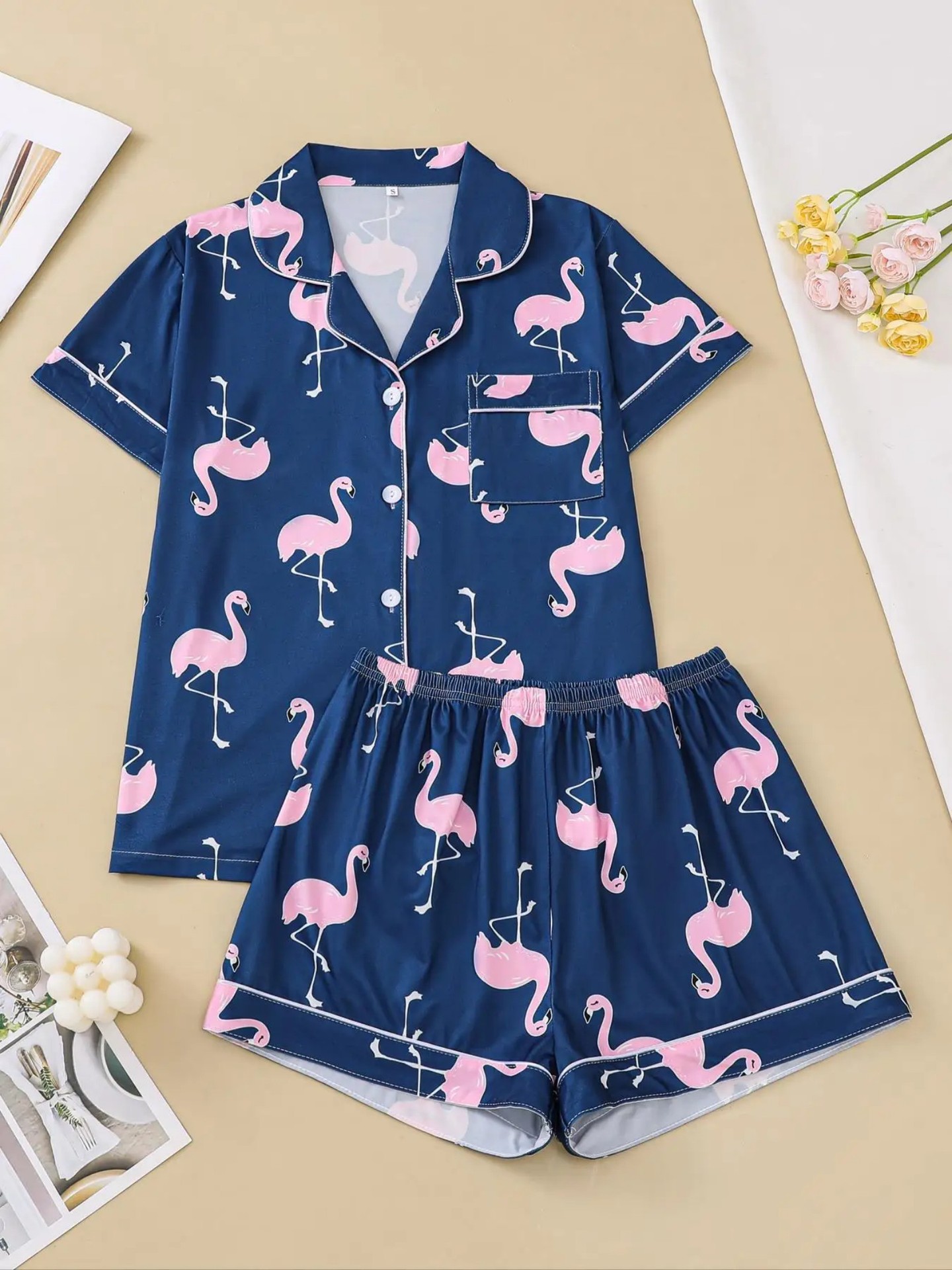 Women's Flamingo Print Collared Shirt Set Casual Loungewear