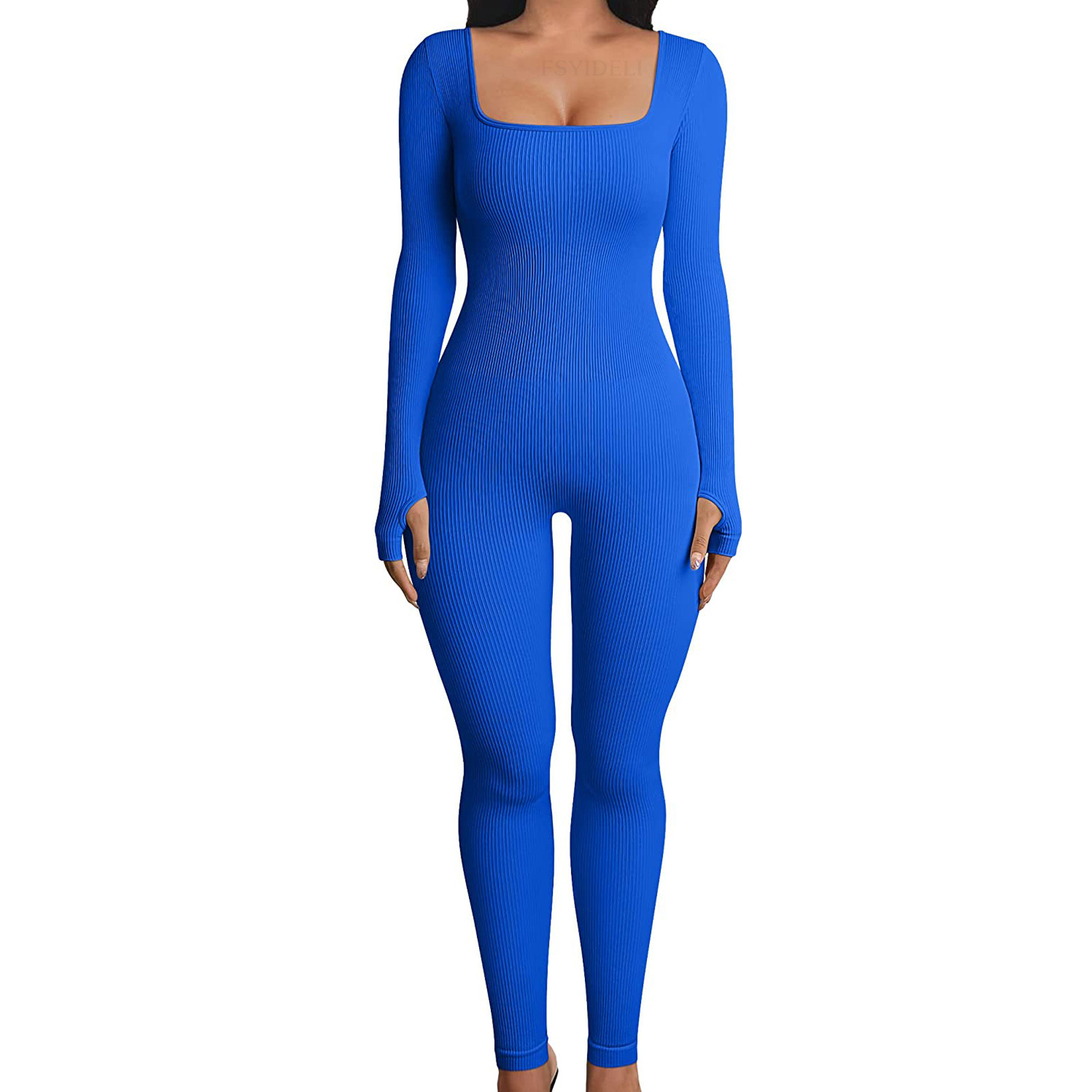 Women's Ribbed Square Neck Bodysuit Slimming Long Sleeve