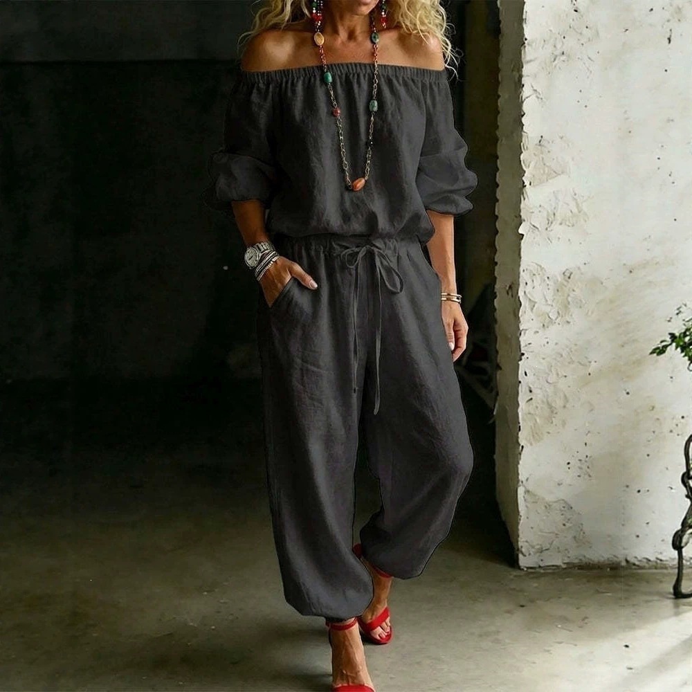 Textured Cotton-Linen Off-Shoulder Set with Puff Sleeves and Pocket Jogger Pants