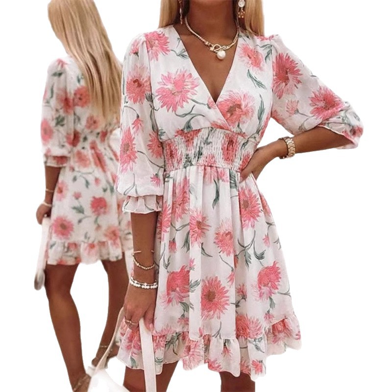 Colorblock Layered V-Neck Flare-Sleeve A-Line Chiffon Dress with Ruffle Waist
