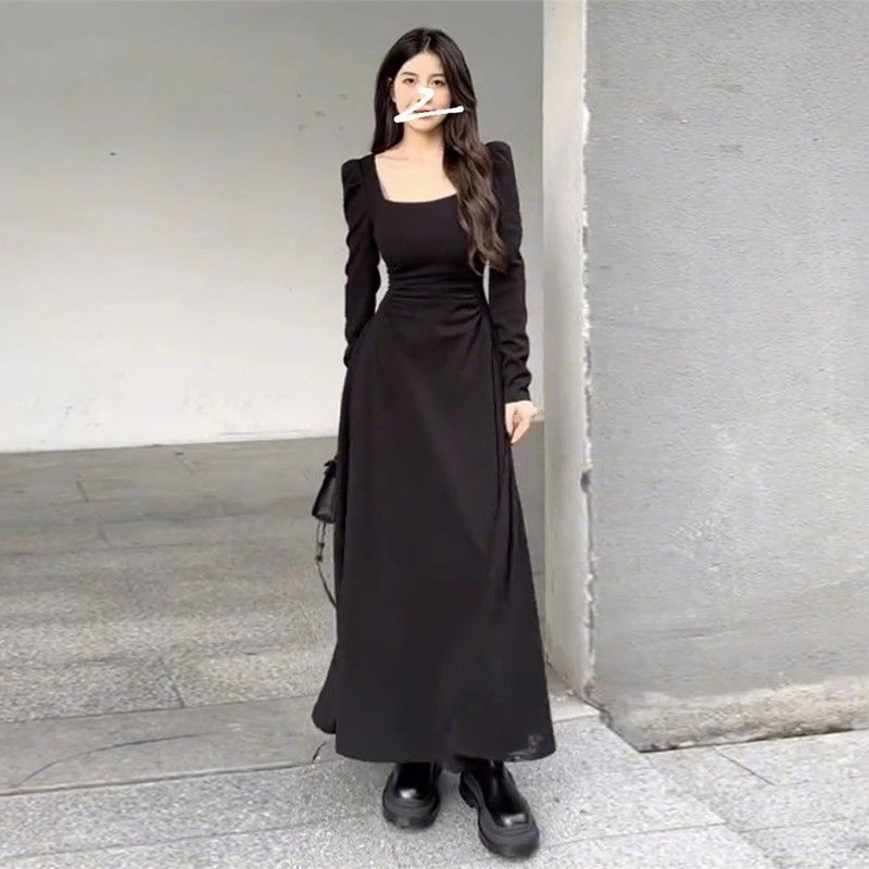 White Long Sleeve A-Line Midi Dress with U-Neck and Cinched Waist