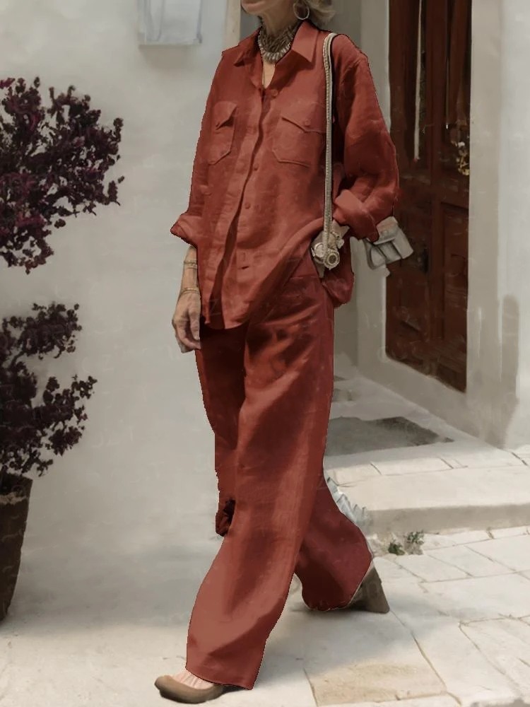 Women's Cotton Two-Piece Shirt and Pants Set Long Sleeve Loose Fit
