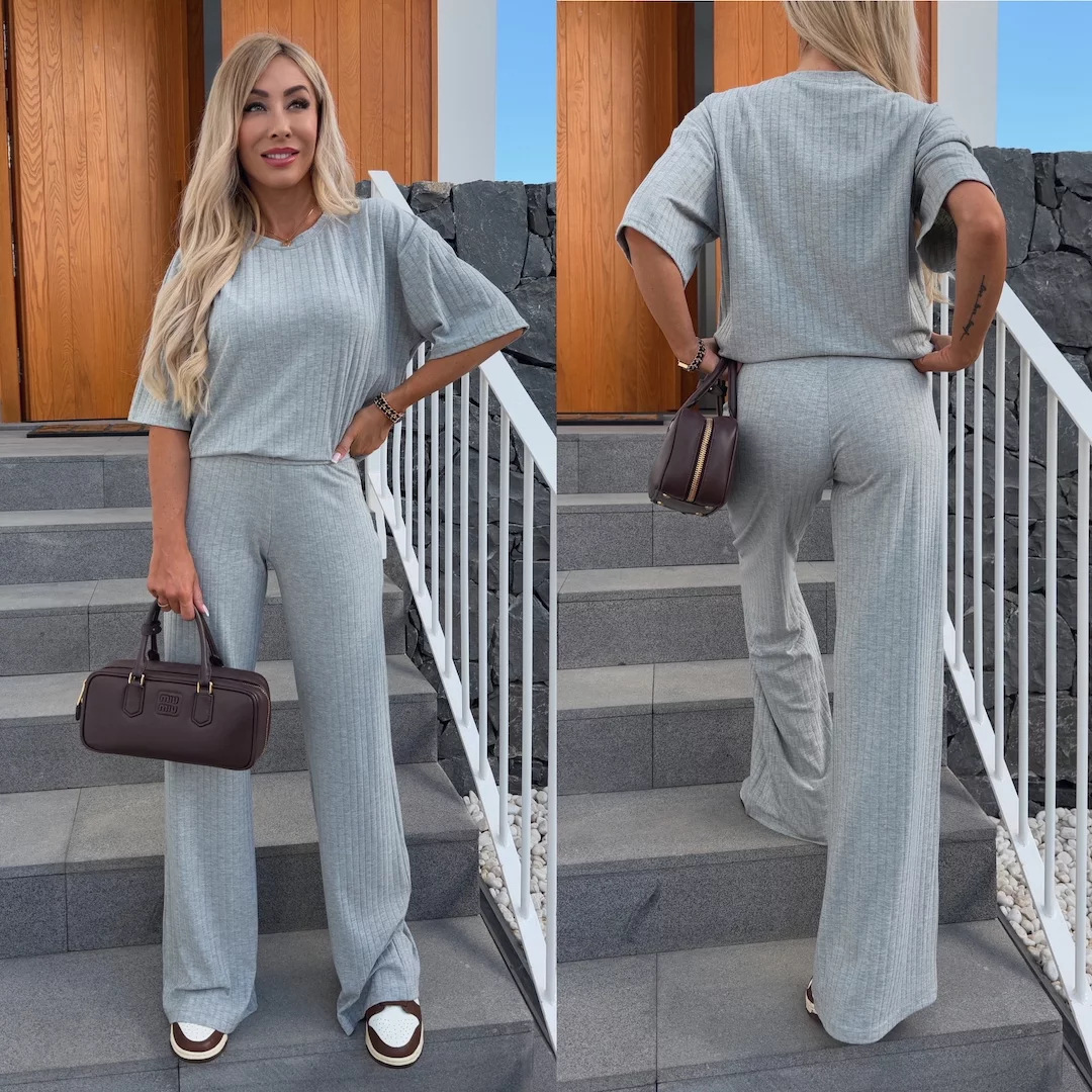 Women's Casual Two-Piece Set Solid Crewneck Short-Sleeve Top and Elastic-Waist Pants