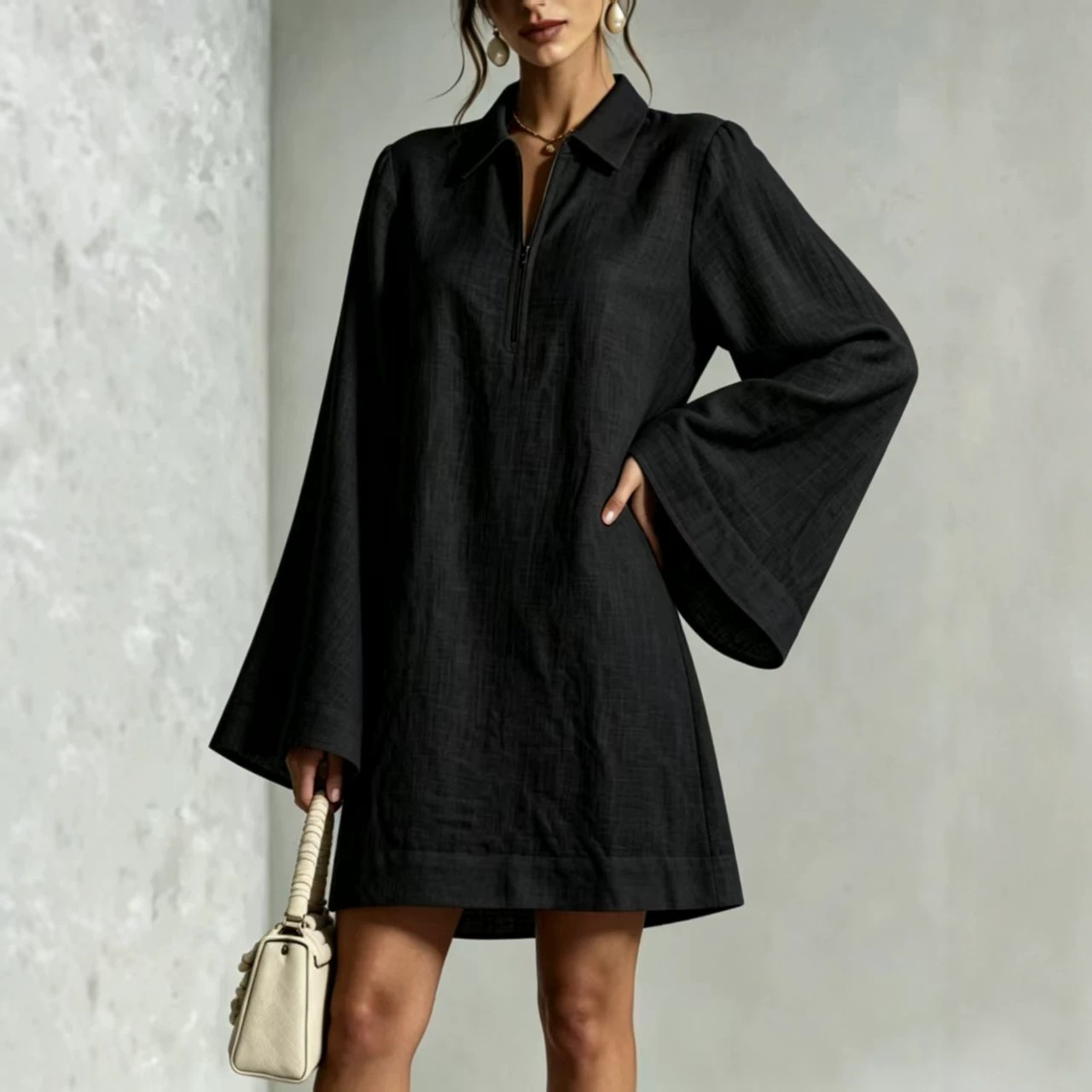 Solid Color Half-Zip Collared Loose Long-Sleeve Casual Dress