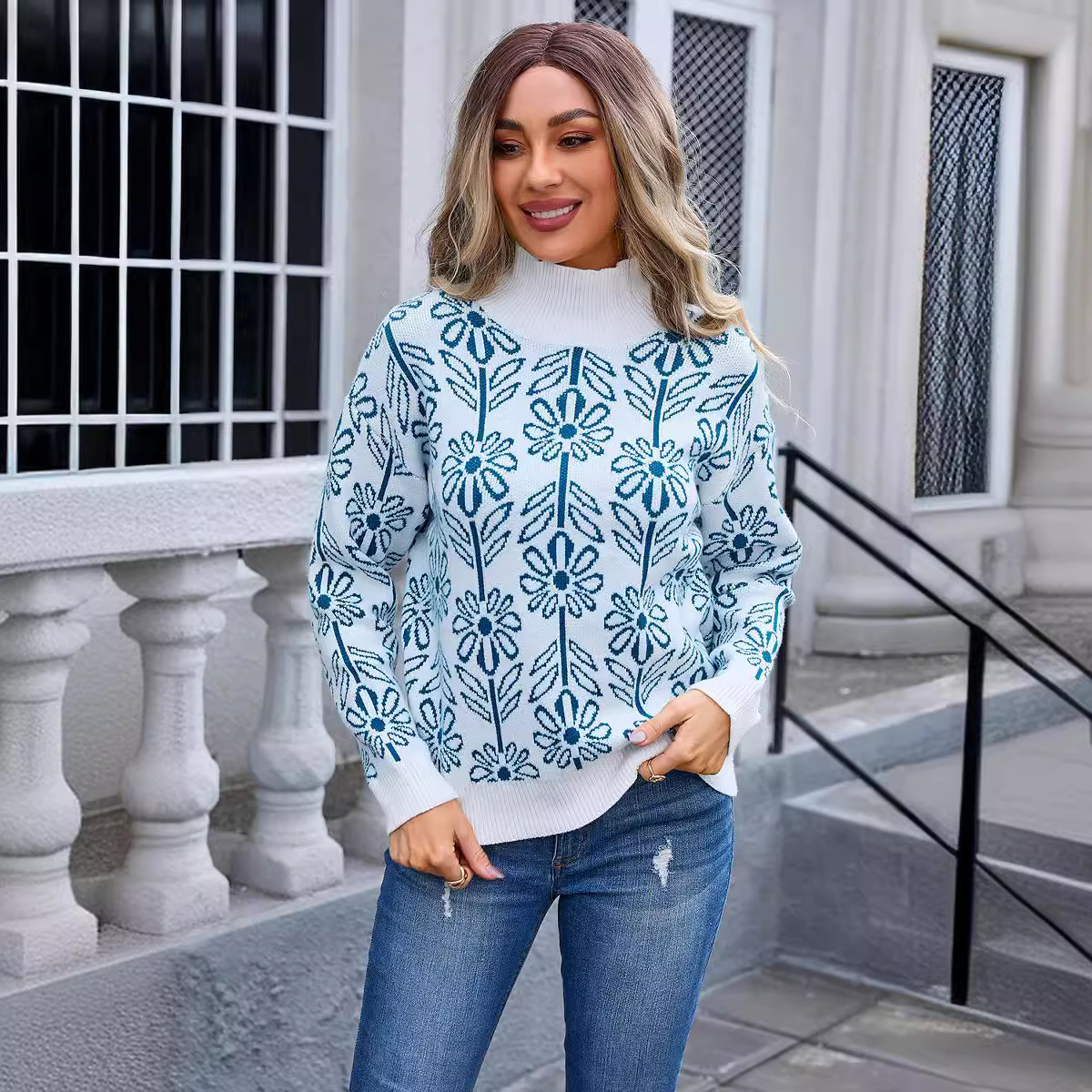 Floral Jacquard Mock Neck Knit Sweater