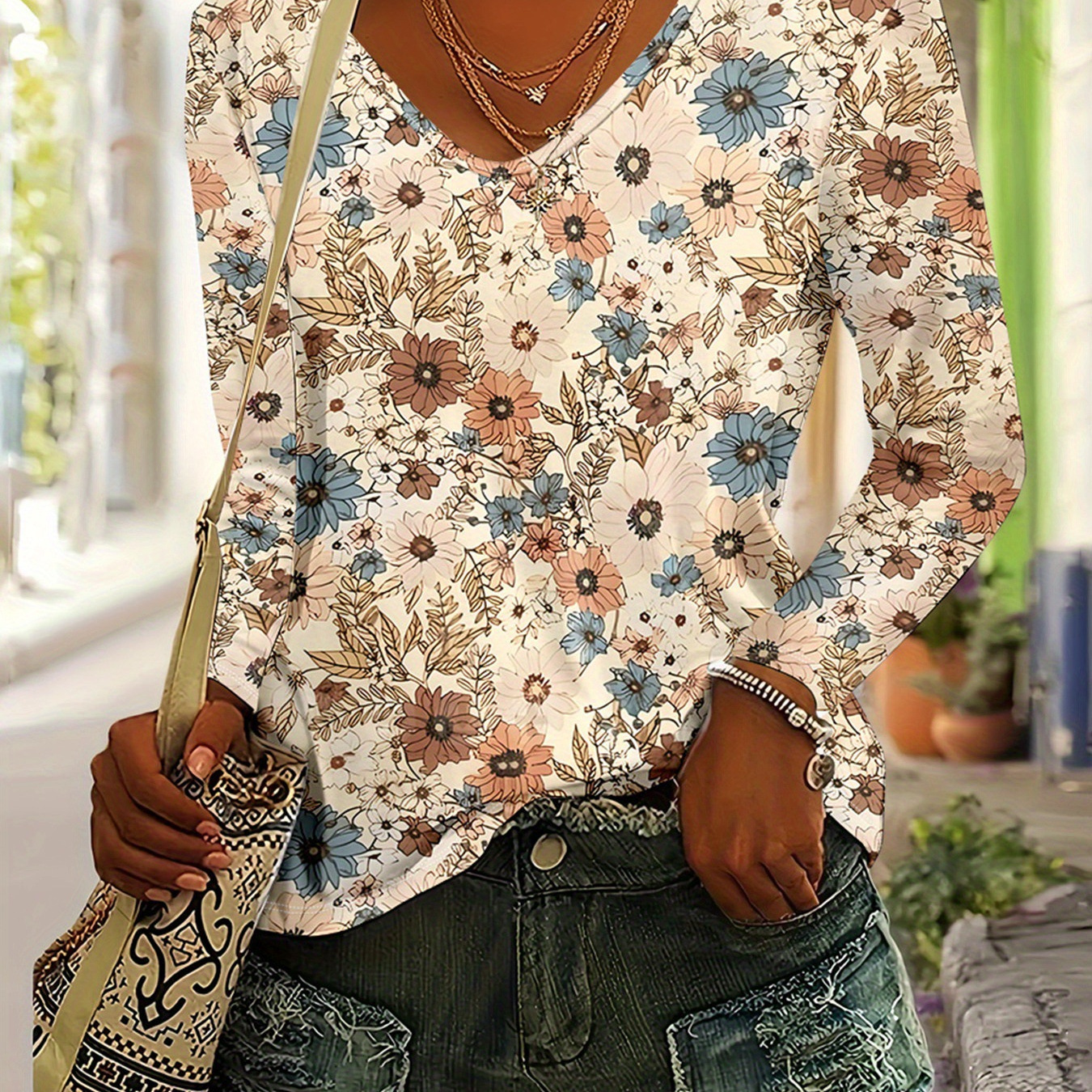 Bohemian Floral V-Neck Long-Sleeve Loose Casual T-Shirt