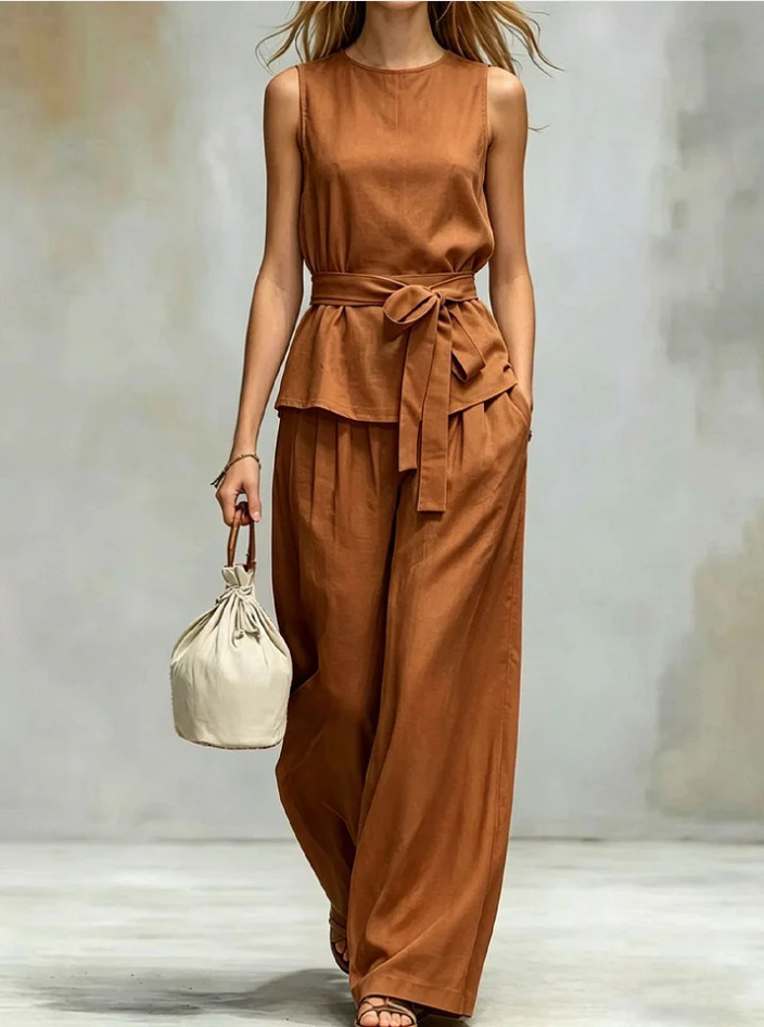 Women's Sleeveless Top and Belted Pants Two-Piece Set