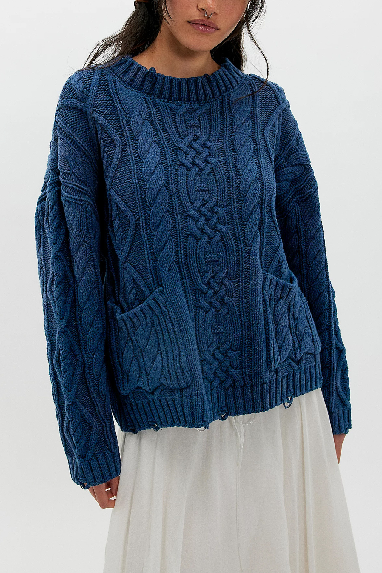 Women's Crewneck Cable-Knit Sweater with Pockets