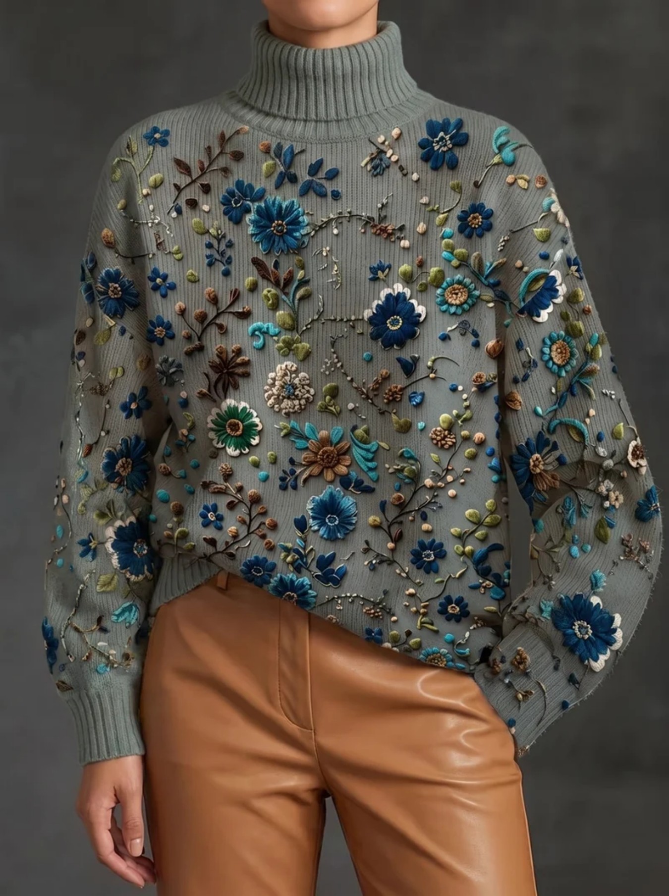 Women's Floral Polka Dot Print Turtleneck Casual Sweater