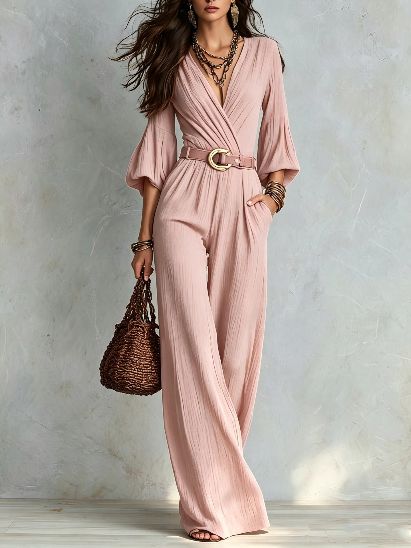 Puff Sleeve High-Waist Wide-Leg Jumpsuit with Belt