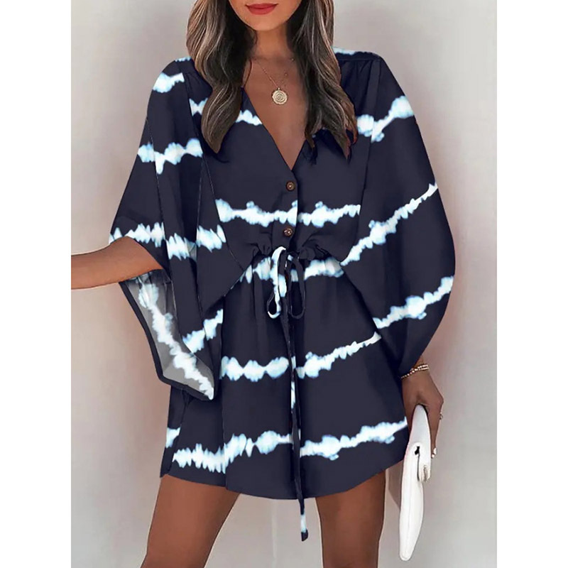 Women's Summer V-Neck Tie-Front Floral Print Patchwork Beach Dress