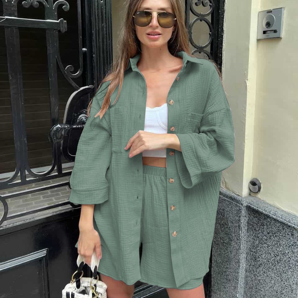 Women's Solid Button-Front Cardigan and Shorts Two-Piece Set