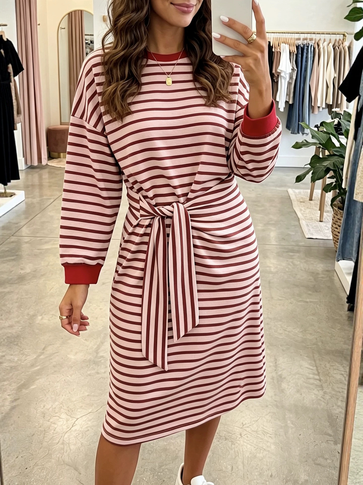 Striped Patchwork Long Sleeve Tie-Waist Loose Casual Dress