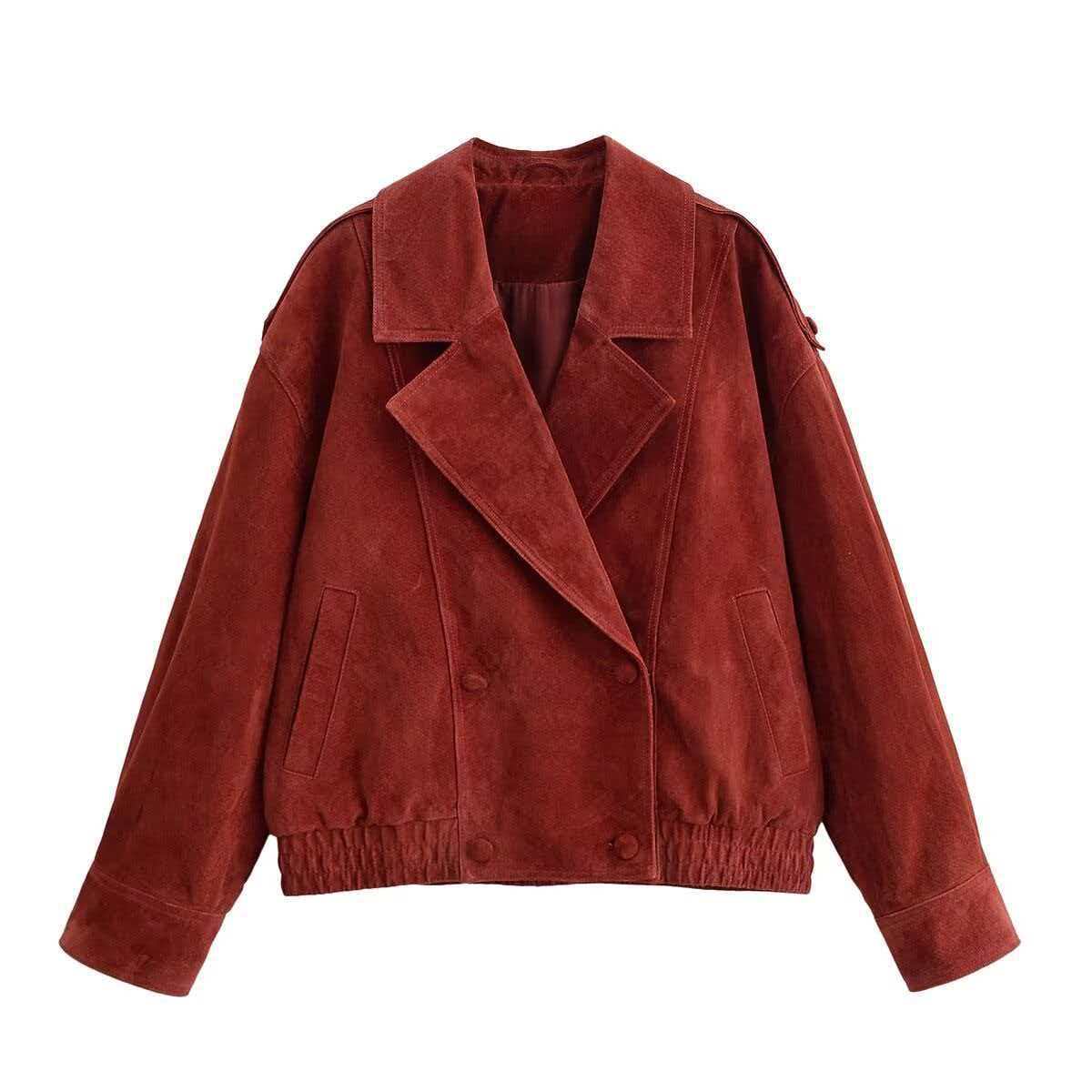 Women's Retro Brick Red Faux Suede Double-Breasted Coat