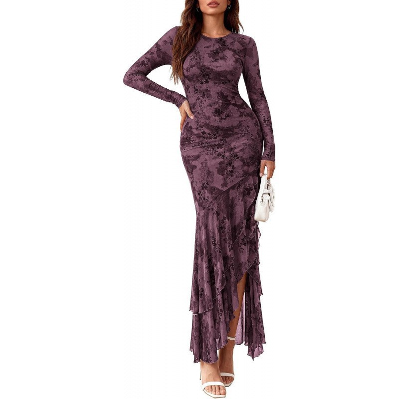 Slim-Fit Long-Sleeve Crewneck High-Waist Maxi Dress with Side Slit and Asymmetric Hem