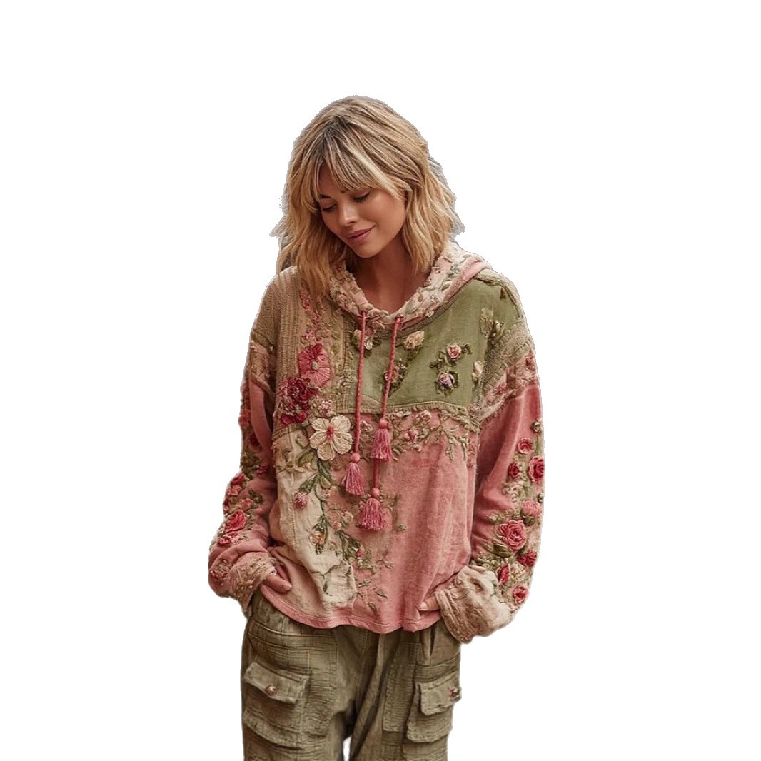 Japanese Cherry Blossom Print Loose Crewneck Sweatshirt