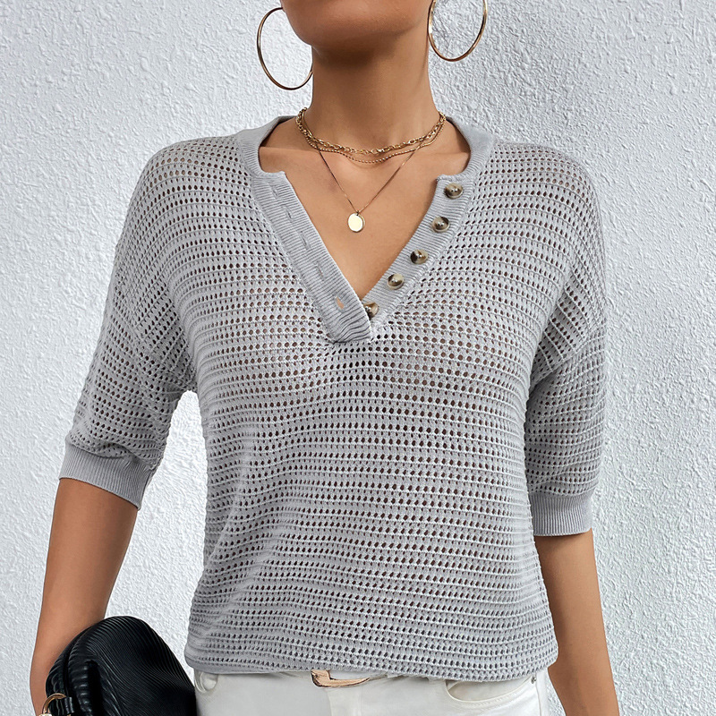 V-Neck Hollow-Out Knit Top Short Sleeve Casual